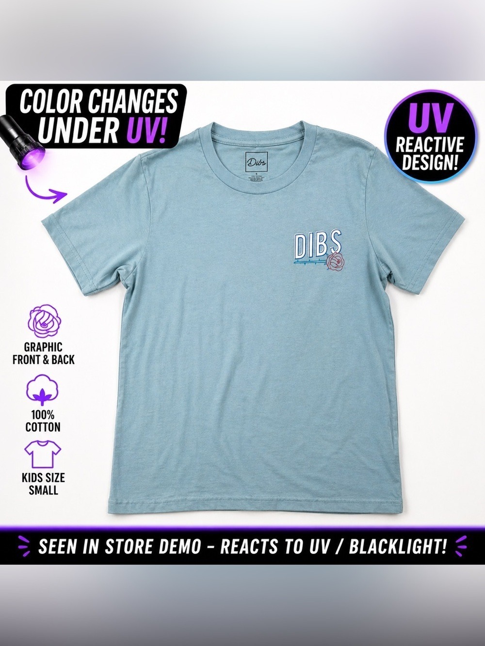 Dibs Kids UV Color Changing Graphic Tee Blue Glow Reactive Shirt Small